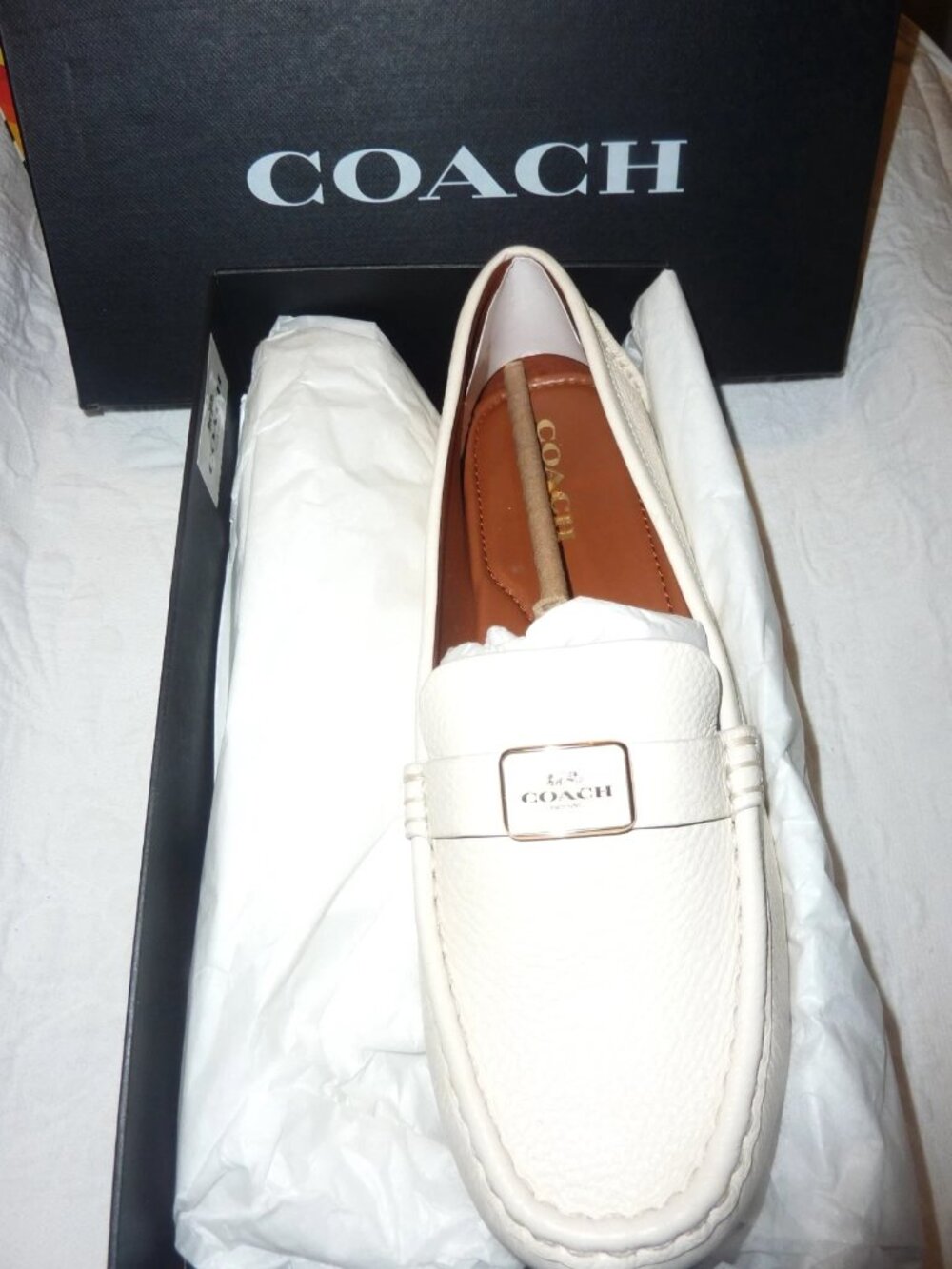 NWT Authentic Coach Mona Leather Driver Flat Loafers Size 11 Color Chalk - Picture 3 of 7